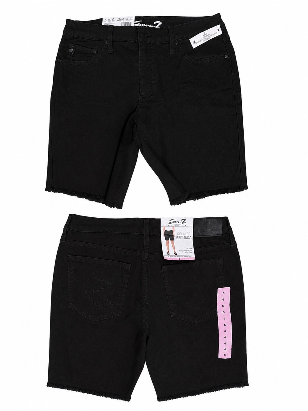 Seven7 Black Cutoff Denim Bermuda Shorts with Pink Accent